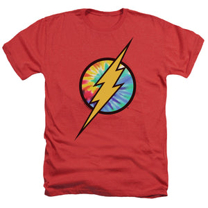 AN OFFCIALLY LICENSED DC FLASH TIE DYE FLASH LOGO MEN'S HEATHER T-SHIRT RED