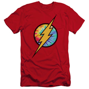 AN OFFCIALLY LICENSED DC FLASH TIE DYE FLASH LOGO MEN'S PREMIUM SLIM FIT T-SHIRT RED