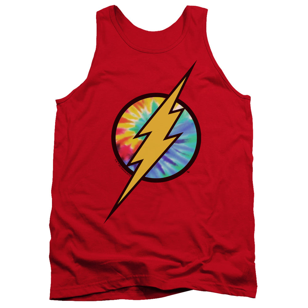 AN OFFCIALLY LICENSED DC FLASH TIE DYE FLASH LOGO ADULT UNISEX TANK TOP RED