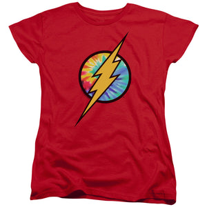 AN OFFCIALLY LICENSED DC FLASH TIE DYE FLASH LOGO WOMEN'S REGULAR FIT T-SHIRT RED