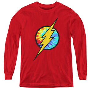 AN OFFCIALLY LICENSED DC FLASH TIE DYE FLASH LOGO YOUTH LONG SLEEVE T-SHIRT RED