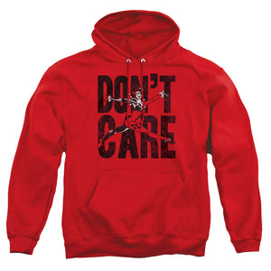AN OFFCIALLY LICENSED JLA DON’T CARE ADULT UNISEX PULLOVER HOODIE RED