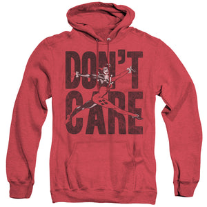 AN OFFCIALLY LICENSED JLA DON’T CARE ADULT UNISEX HEATHER PULLOVER HOODIE RED