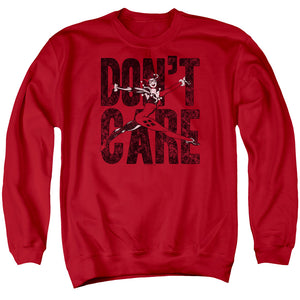 AN OFFCIALLY LICENSED JLA DON’T CARE ADULT UNISEX CREWNECK SWEATSHIRT RED