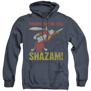 AN OFFCIALLY LICENSED JLA FRIDAYS GOT ME LIKE ADULT UNISEX HEATHER PULLOVER HOODIE NAVY
