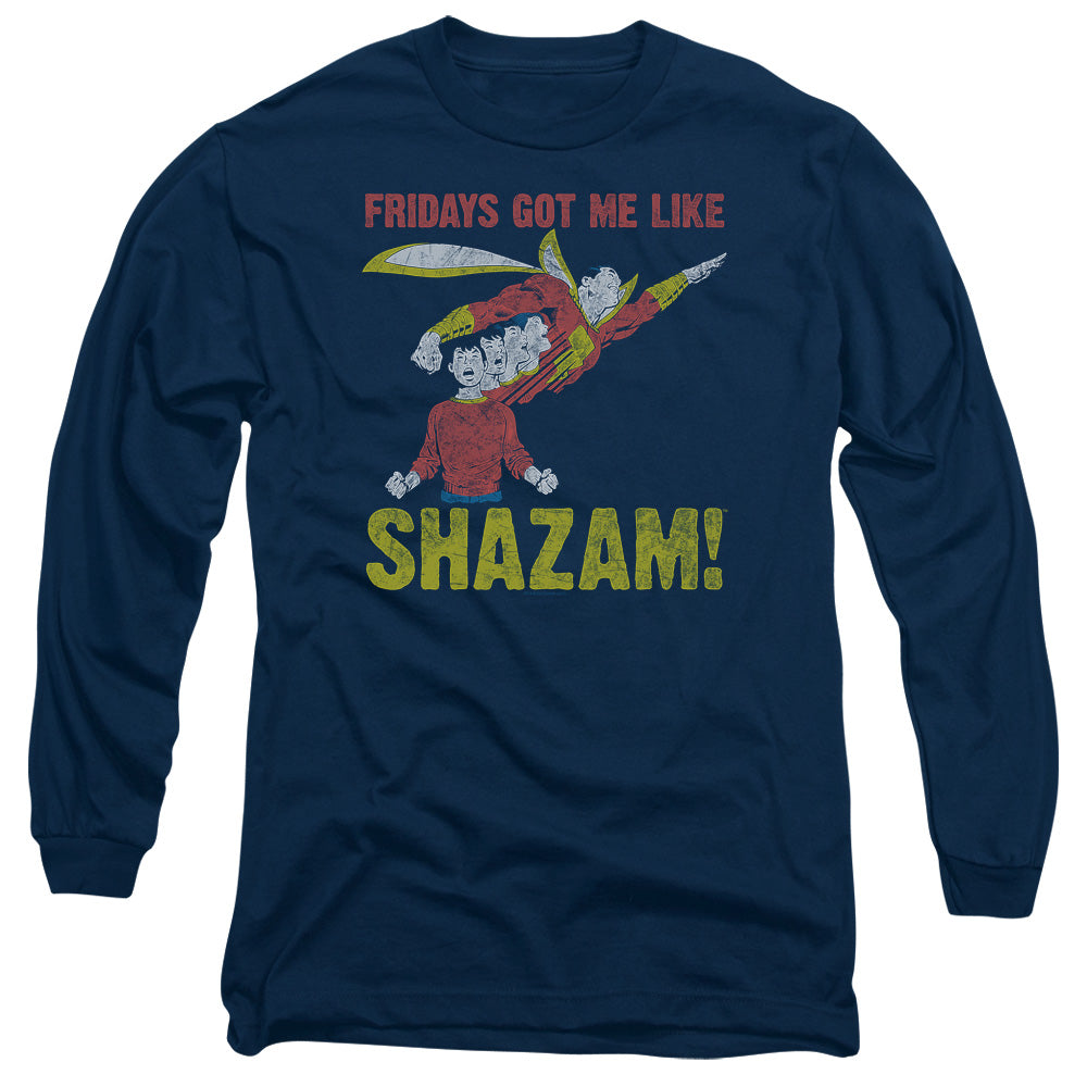 AN OFFCIALLY LICENSED JLA FRIDAYS GOT ME LIKE MEN'S LONG SLEEVE T-SHIRT NAVY
