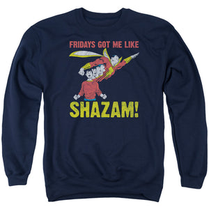 AN OFFCIALLY LICENSED JLA FRIDAYS GOT ME LIKE ADULT UNISEX CREWNECK SWEATSHIRT NAVY