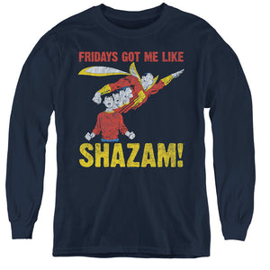 AN OFFCIALLY LICENSED JLA FRIDAYS GOT ME LIKE YOUTH LONG SLEEVE T-SHIRT NAVY