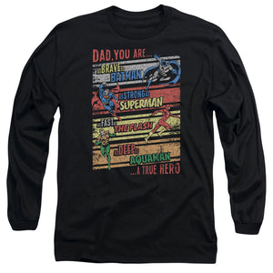 AN OFFCIALLY LICENSED JLA A TRUE HERO MEN'S LONG SLEEVE T-SHIRT BLACK