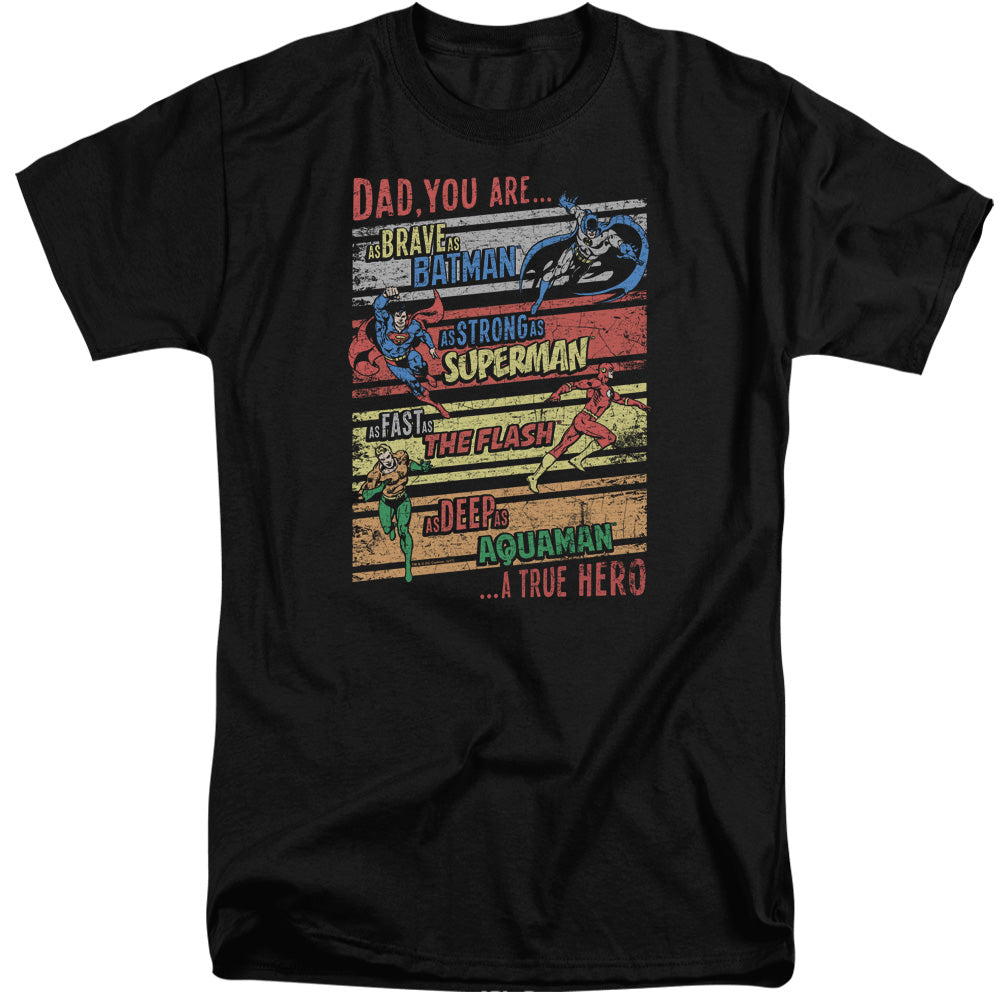 AN OFFCIALLY LICENSED JLA A TRUE HERO MEN'S TALL FIT T-SHIRT BLACK