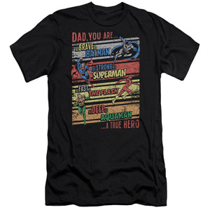 AN OFFCIALLY LICENSED JLA A TRUE HERO MEN'S PREMIUM SLIM FIT T-SHIRT BLACK