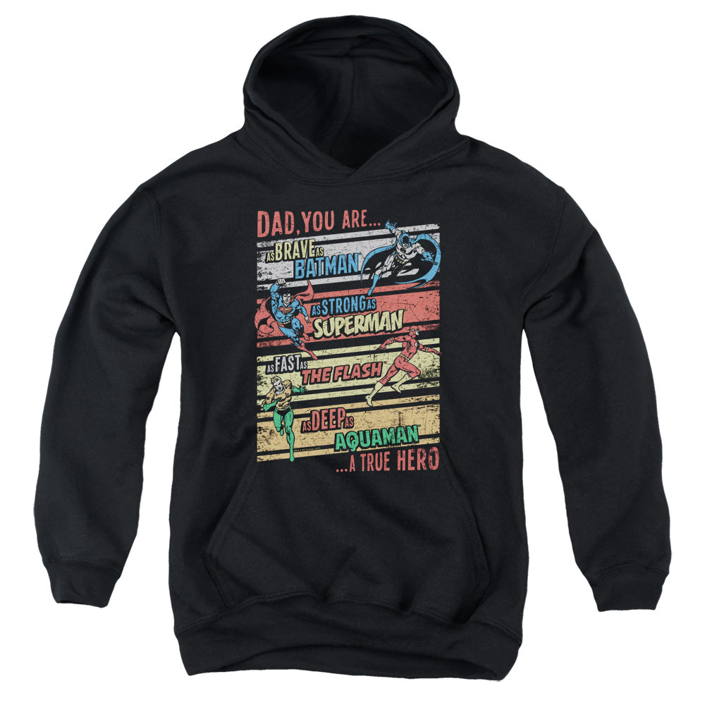AN OFFCIALLY LICENSED JLA A TRUE HERO YOUTH HOODIE BLACK
