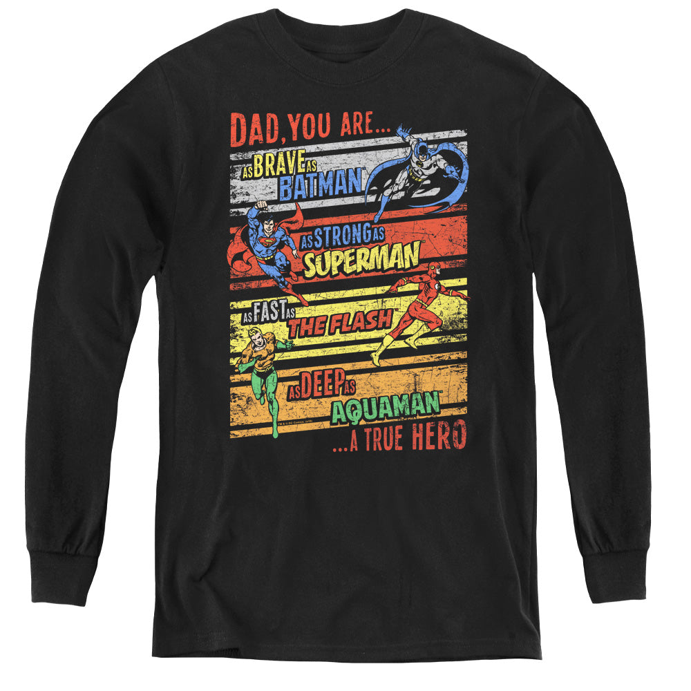 AN OFFCIALLY LICENSED JLA A TRUE HERO YOUTH LONG SLEEVE T-SHIRT BLACK
