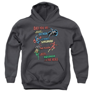 AN OFFCIALLY LICENSED JLA DAD HERO YOUTH HOODIE CHARCOAL