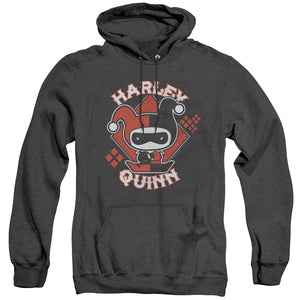 AN OFFCIALLY LICENSED JLA HARLEY CHIBI ADULT UNISEX HEATHER PULLOVER HOODIE BLACK