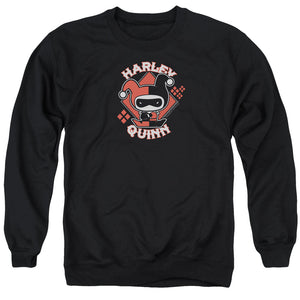 AN OFFCIALLY LICENSED JLA HARLEY CHIBI ADULT UNISEX CREWNECK SWEATSHIRT BLACK