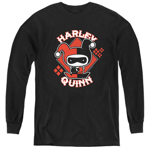 AN OFFCIALLY LICENSED JLA HARLEY CHIBI YOUTH LONG SLEEVE T-SHIRT BLACK