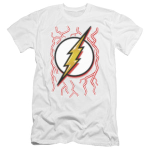 AN OFFCIALLY LICENSED DC FLASH AIRBRUSH BOLT MEN'S PREMIUM SLIM FIT T-SHIRT WHITE