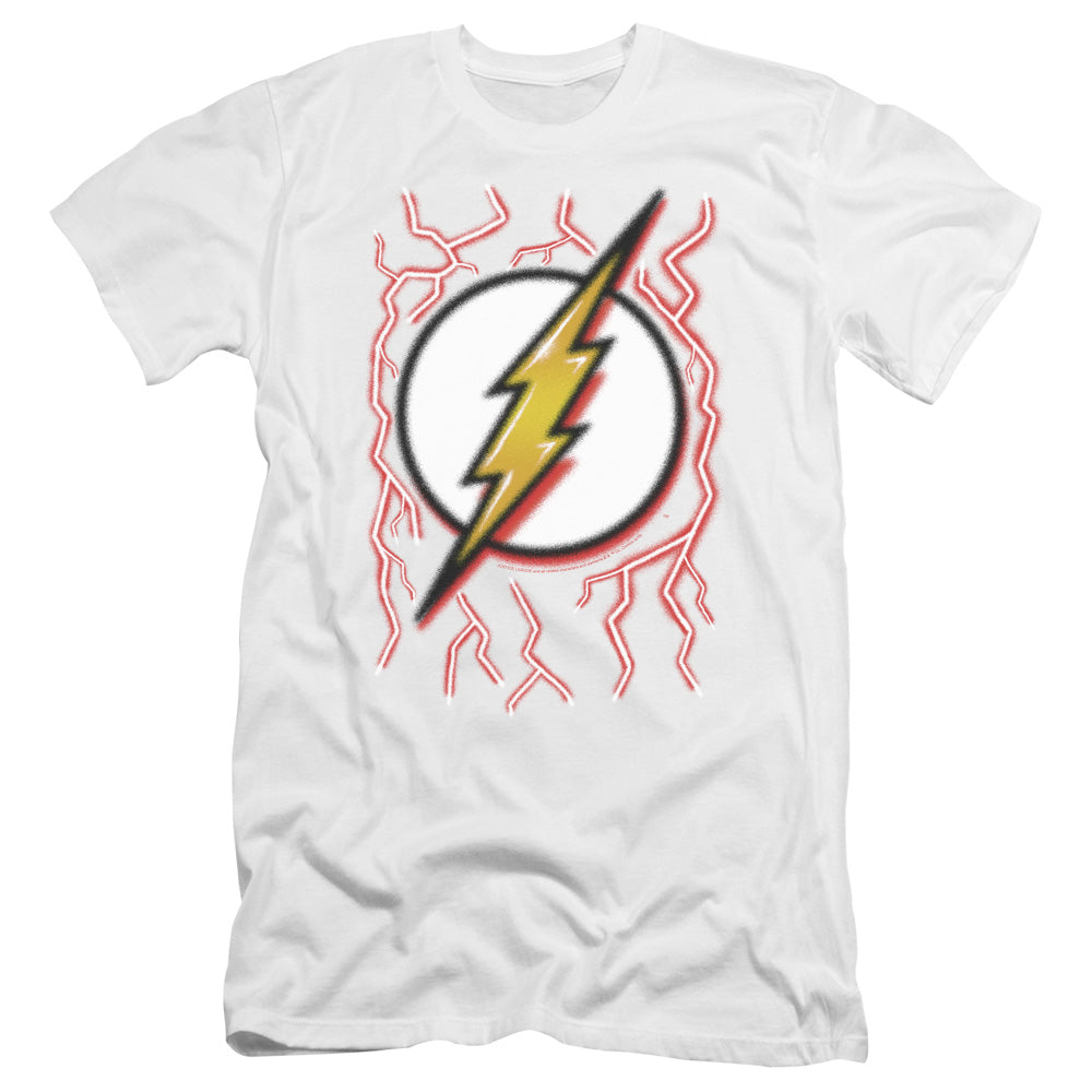 AN OFFCIALLY LICENSED DC FLASH AIRBRUSH BOLT MEN'S PREMIUM SLIM FIT T-SHIRT WHITE