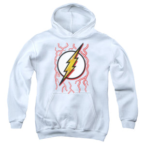 AN OFFCIALLY LICENSED DC FLASH AIRBRUSH BOLT YOUTH HOODIE WHITE