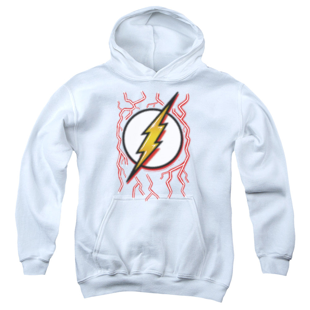 AN OFFCIALLY LICENSED DC FLASH AIRBRUSH BOLT YOUTH HOODIE WHITE