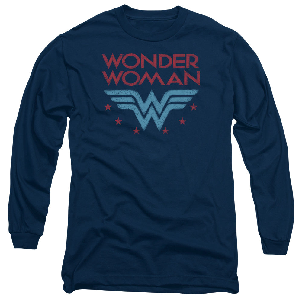 AN OFFCIALLY LICENSED DC WONDER WOMAN WONDER STARS MEN'S LONG SLEEVE T-SHIRT NAVY