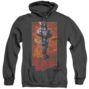 AN OFFCIALLY LICENSED JLA LOBO POSE ADULT UNISEX HEATHER PULLOVER HOODIE BLACK