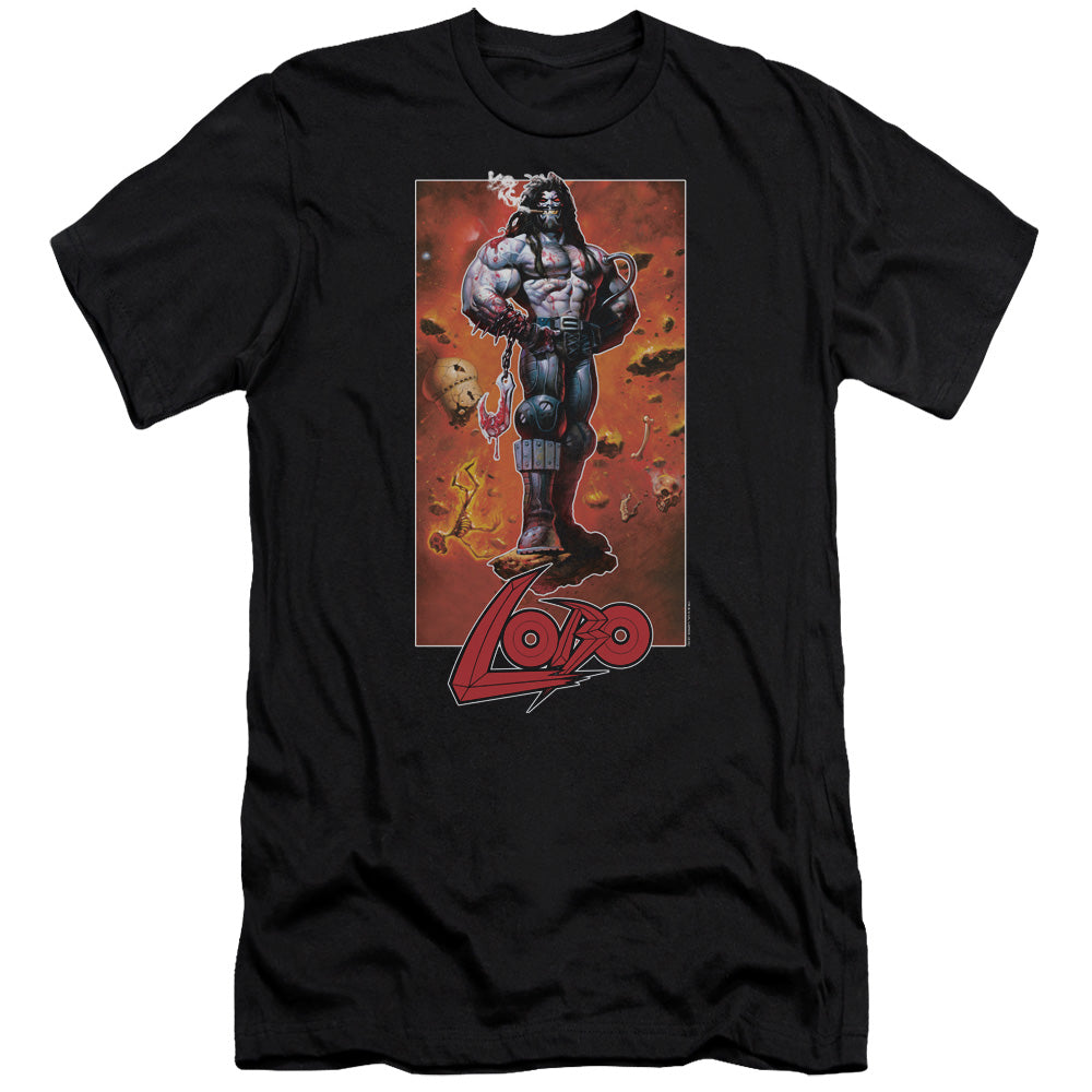 AN OFFCIALLY LICENSED JLA LOBO POSE MEN'S PREMIUM SLIM FIT T-SHIRT BLACK