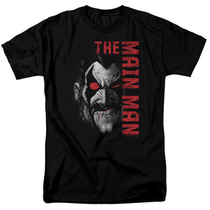 AN OFFCIALLY LICENSED JLA MAIN MAN MEN'S REGULAR FIT T-SHIRT BLACK
