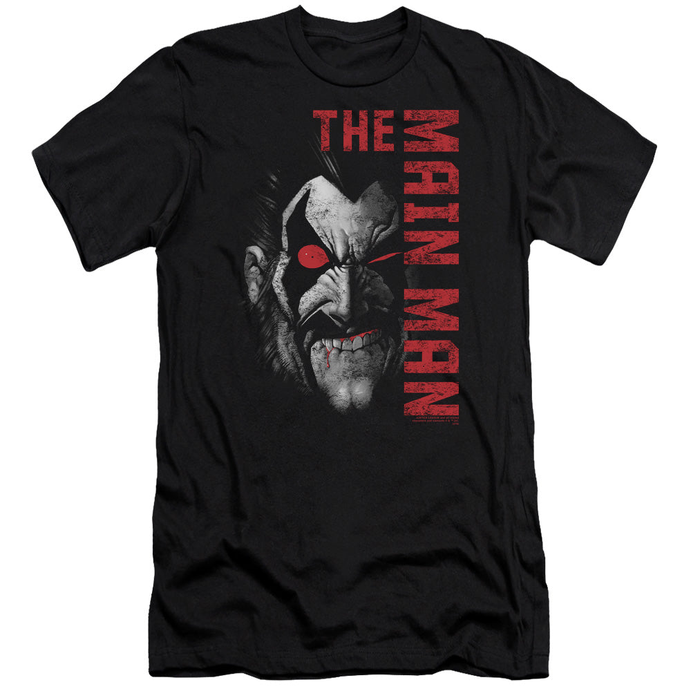 AN OFFCIALLY LICENSED JLA MAIN MAN MEN'S PREMIUM SLIM FIT T-SHIRT BLACK