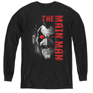 AN OFFCIALLY LICENSED JLA MAIN MAN YOUTH LONG SLEEVE T-SHIRT BLACK