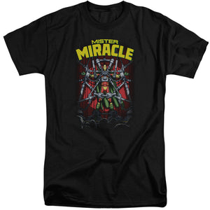 AN OFFCIALLY LICENSED JLA MISTER MIRACLE MEN'S TALL FIT T-SHIRT BLACK