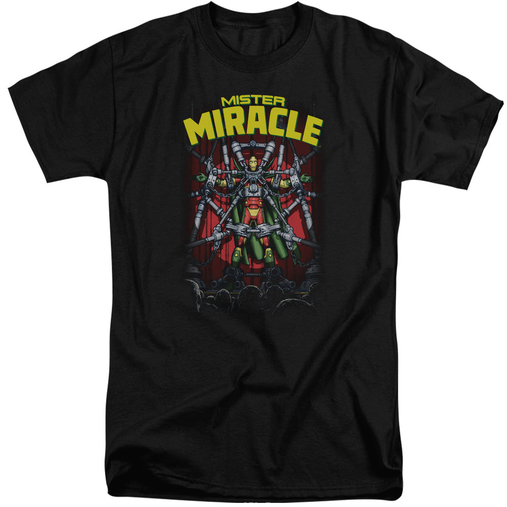 AN OFFCIALLY LICENSED JLA MISTER MIRACLE MEN'S TALL FIT T-SHIRT BLACK