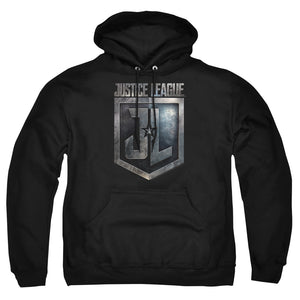 AN OFFCIALLY LICENSED JUSTICE LEAGUE MOVIE SHIELD LOGO ADULT UNISEX PULLOVER HOODIE BLACK