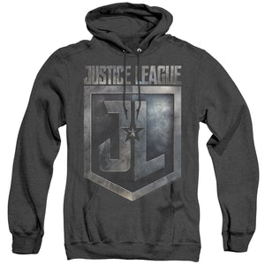 AN OFFCIALLY LICENSED JUSTICE LEAGUE MOVIE SHIELD LOGO ADULT UNISEX HEATHER PULLOVER HOODIE BLACK