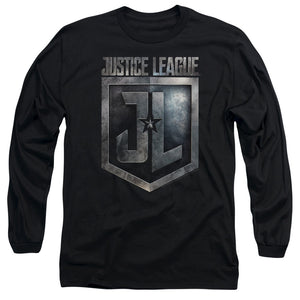 AN OFFCIALLY LICENSED JUSTICE LEAGUE MOVIE SHIELD LOGO MEN'S LONG SLEEVE T-SHIRT BLACK