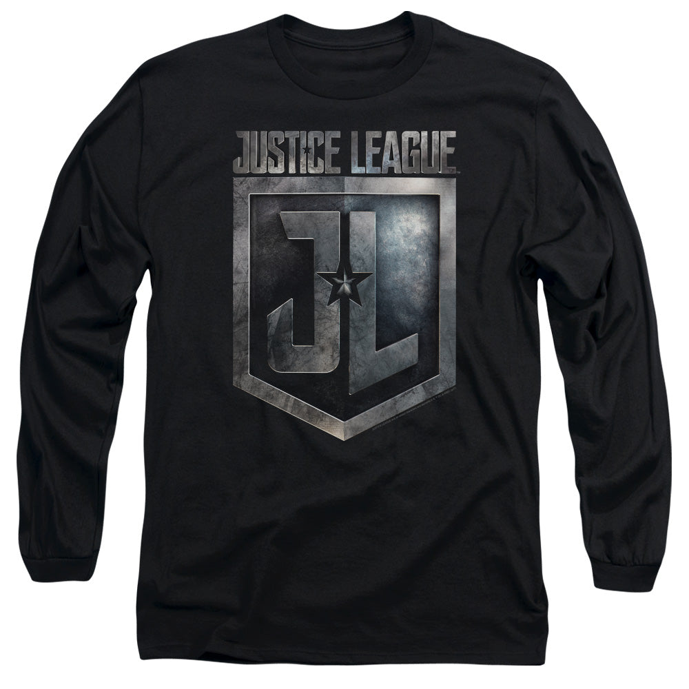 AN OFFCIALLY LICENSED JUSTICE LEAGUE MOVIE SHIELD LOGO MEN'S LONG SLEEVE T-SHIRT BLACK