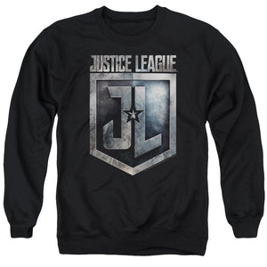 AN OFFCIALLY LICENSED JUSTICE LEAGUE MOVIE SHIELD LOGO ADULT UNISEX CREWNECK SWEATSHIRT BLACK