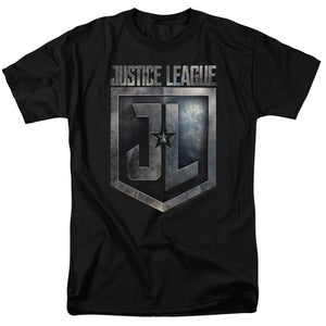 AN OFFCIALLY LICENSED JUSTICE LEAGUE MOVIE SHIELD LOGO MEN'S REGULAR FIT T-SHIRT BLACK