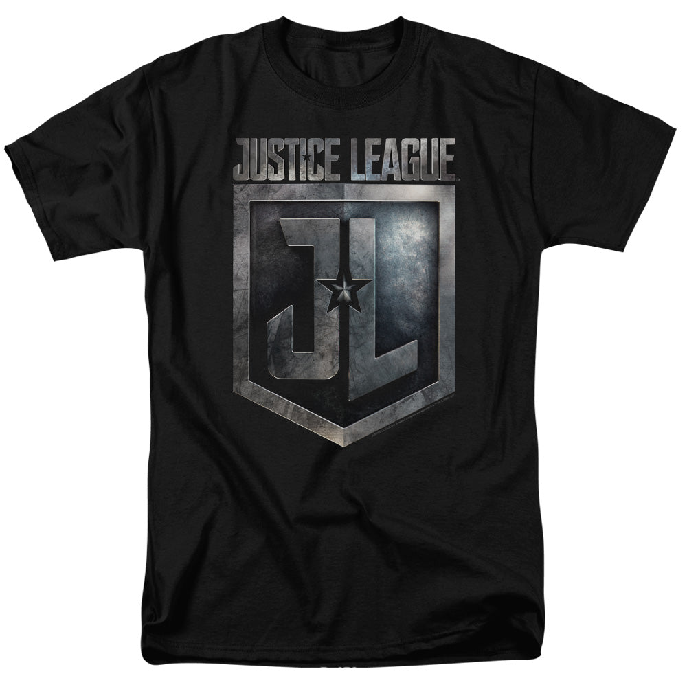 AN OFFCIALLY LICENSED JUSTICE LEAGUE MOVIE SHIELD LOGO MEN'S REGULAR FIT T-SHIRT BLACK