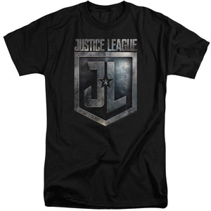 AN OFFCIALLY LICENSED JUSTICE LEAGUE MOVIE SHIELD LOGO MEN'S TALL FIT T-SHIRT BLACK