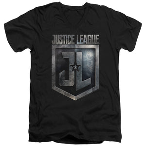 AN OFFCIALLY LICENSED JUSTICE LEAGUE MOVIE SHIELD LOGO MEN'S V-NECK T-SHIRT BLACK