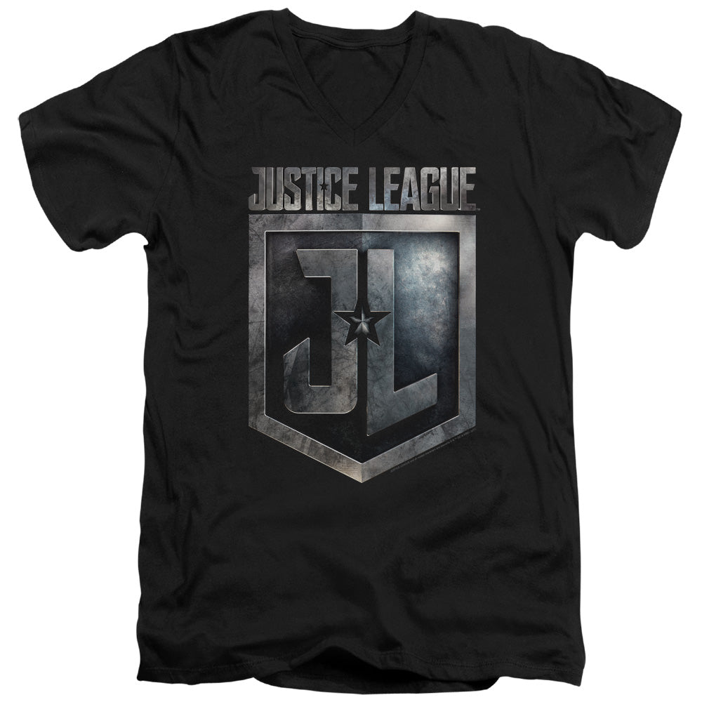 AN OFFCIALLY LICENSED JUSTICE LEAGUE MOVIE SHIELD LOGO MEN'S V-NECK T-SHIRT BLACK