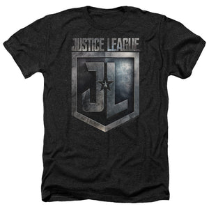 AN OFFCIALLY LICENSED JUSTICE LEAGUE MOVIE SHIELD LOGO MEN'S HEATHER T-SHIRT CHARCOAL