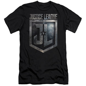 AN OFFCIALLY LICENSED JUSTICE LEAGUE MOVIE SHIELD LOGO MEN'S PREMIUM SLIM FIT T-SHIRT BLACK