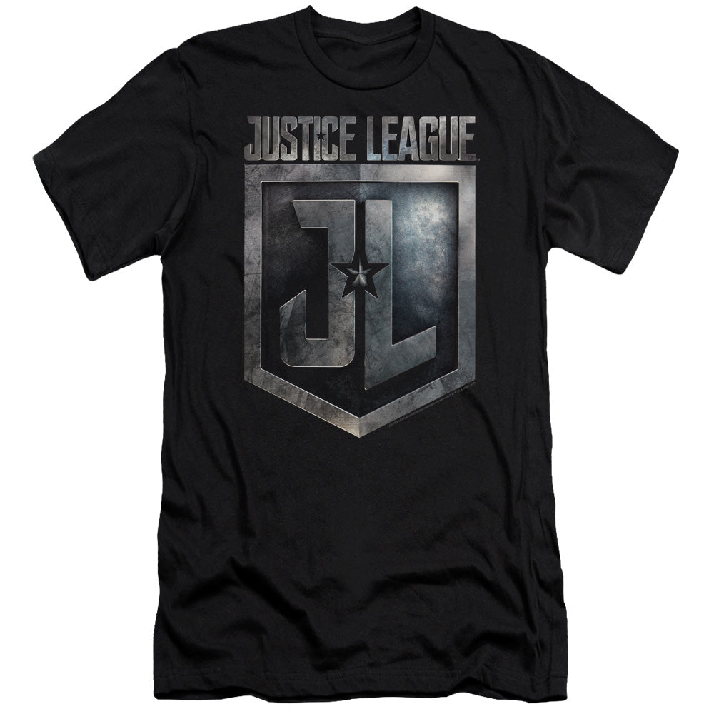 AN OFFCIALLY LICENSED JUSTICE LEAGUE MOVIE SHIELD LOGO MEN'S PREMIUM SLIM FIT T-SHIRT BLACK