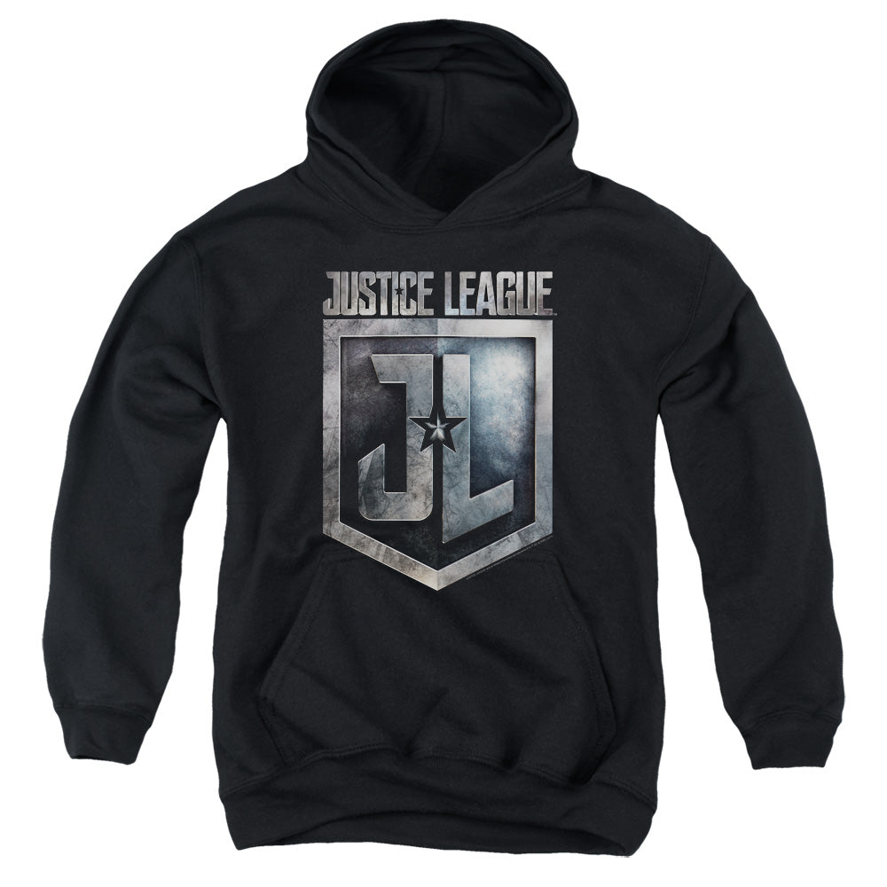 AN OFFCIALLY LICENSED JUSTICE LEAGUE MOVIE SHIELD LOGO YOUTH HOODIE BLACK