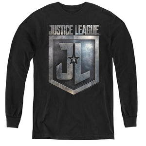 AN OFFCIALLY LICENSED JUSTICE LEAGUE MOVIE SHIELD LOGO YOUTH LONG SLEEVE T-SHIRT BLACK