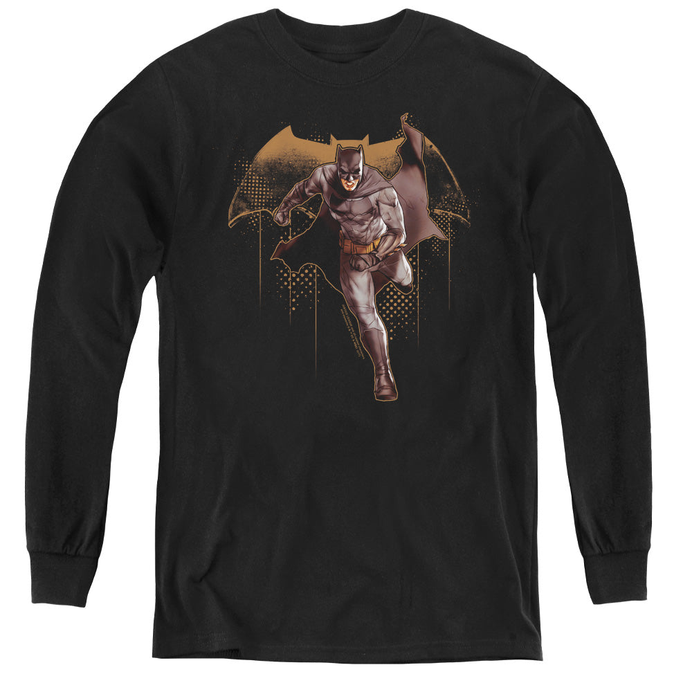 AN OFFCIALLY LICENSED JUSTICE LEAGUE MOVIE CAPED CRUSADER YOUTH LONG SLEEVE T-SHIRT BLACK