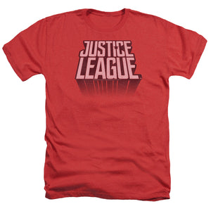 AN OFFCIALLY LICENSED JUSTICE LEAGUE MOVIE LEAGUE DISTRESSED MEN'S HEATHER T-SHIRT RED